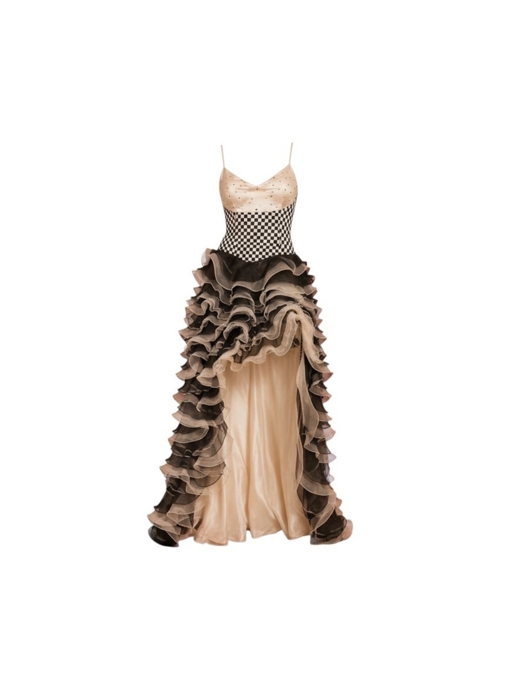 Vintage Black & Ivory Checkered Ruffle High-Low Gown